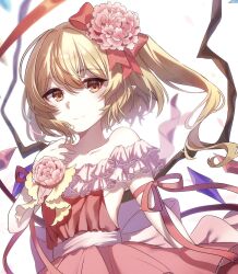  ametama_(runarunaruta5656) bare_shoulders blonde_hair blurry blurry_background breasts brown_eyes collarbone crystal_wings dress female flandre_scarlet flower hair_flower hair_ornament highres long_hair pointy_ears red_dress side_ponytail sideboob small_breasts solo touhou white_background 