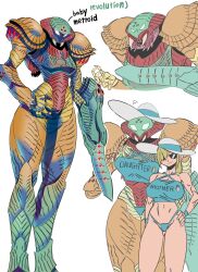  1other absurdres alternate_universe angry arm_cannon armor bikini blonde_hair blue_bikini breasts chick_print chicken_print cleavage collarbone fangs female flustered flying_sweatdrops growling hand_on_own_hip hat height_difference highres looking_at_viewer metroid metroid_(creature) midriff mother_and_daughter navel nuclei orange_armor organs personification ponytail salamander_(popo51332877) samus_aran see-through_armor sharp_teeth shy smile smug step-mother_and_step-daughter sun_hat sunglasses swimsuit teeth toned_female weapon 