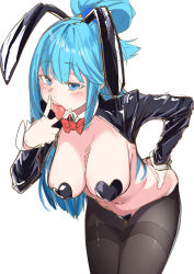  absurdres aqua_(konosuba) bent_over blue_eyes blue_hair blush breasts cleavage commentary_request female hair_ornament hair_rings heart_pasties highres kono_subarashii_sekai_ni_shukufuku_wo! large_breasts long_hair looking_at_viewer open_mouth pantyhose pasties re:ankh_(mrsz4523) solo 