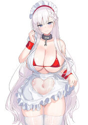  absurdres apron ass_visible_through_thighs azur_lane belfast_(azur_lane) belfast_(blissful_service)_(azur_lane) bikini blue_eyes blush braid breasts cleavage closed_mouth commentary_request cowboy_shot female hand_up highres large_breasts long_hair looking_at_viewer maid_headdress marumai navel official_alternate_costume red_bikini simple_background smile solo swimsuit thighhighs underboob white_apron white_background white_hair white_thighhighs wrist_cuffs 