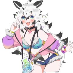  absurdres animal_ears bag bikini black_choker black_hair blue_bikini blue_shorts blush bracelet choker colored_tips commission coral_hair_ornament female gold_bracelet green_eyes grey_nails highres indie_virtual_youtuber jacket jewelry mayoineko micro_shorts multicolored_hair open_fly open_mouth pink_jacket sea_slug_girl shorts skeb_commission solo starfish_print swimsuit thighhighs umi_runa_(vtuber) v virtual_youtuber white_hair white_thighhighs 