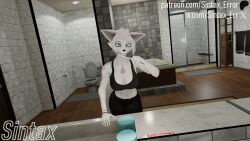  3d_(artwork) anthro arm_tattoo ass bathroom big_butt breasts brush brushing brushing_teeth canid canine clothed clothing digital_media_(artwork) domibun female first_person_view fox fur gisa_lenshin hi_res leggings legwear mammal maxine_(domibun) mirror mirror_reflection nipples reflection solo tail tattoo teeth warfare_machine white_body white_fur 