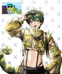  1boy ajaw_(genshin_impact) black_pants crop_top detached_sleeves dragon_tail genshin_impact green-framed_eyewear green_hair green_jacket green_sleeves highres humanization jacket male_focus midriff navel open_mouth pants photo-referenced sharp_teeth short_hair solo stomach tail tappeee teeth track_jacket unworn_eyewear white_background 