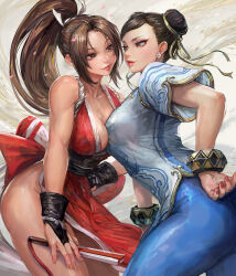  2girls bare_shoulders bracelet breasts brown_eyes brown_hair china_dress chinese_clothes chun-li cleavage commentary double_bun dress earrings eye_contact fatal_fury fingernails gold_trim hair_bun hand_on_own_hip highres implied_yuri japanese_clothes jewelry lips long_hair looking_at_another medium_breasts miche multiple_girls nail_polish ninja pants parted_bangs pelvic_curtain ponytail revealing_clothes rivalry rope shiranui_mai short_sleeves simple_background sleeveless smile street_fighter street_fighter_6 the_king_of_fighters thighs yuri 