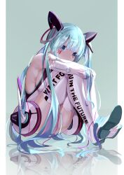  absurdres aqua_background aqua_eyes aqua_footwear aqua_hair bare_shoulders boots breasts chaos_(user_vuuv2277) chinese_commentary closed_mouth commentary detached_sleeves facial_tattoo female gloves hair_ornament hatsune_miku highres hugging_own_legs knees_up long_hair looking_at_viewer medium_breasts number_tattoo pink_ribbon reflection ribbon sideboob sitting solo tattoo thigh_boots thighhighs twintails vocaloid white_footwear white_gloves white_sleeves white_thighhighs wide_sleeves 