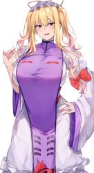  blonde_hair breasts dress female hair_ribbon hat highres large_breasts long_hair mirufui mob_cap purple_tabard red_ribbon ribbon short_twintails tabard touhou twintails white_dress yakumo_yukari yellow_eyes 