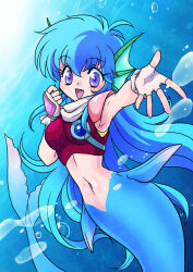  armor armpits blue_hair female fins hands_up head_fins k.o._century_beast_warriors kisaragi_miyuki ko_seiki_beast_sanjuushi long_hair looking_at_viewer mei_mer mermaid midriff monster_girl navel open_mouth purple_eyes reaching reaching_towards_viewer shoulder_armor smile solo stomach underwater 