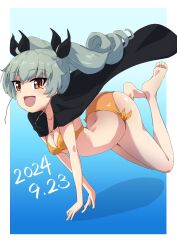  anchovy_(girls_und_panzer) ass bikini blush breasts buchikaki cape cleavage dated drill_hair female girls_und_panzer green_hair hair_ribbon highres long_hair open_mouth orange_bikini orange_eyes ribbon side-tie_bikini_bottom small_breasts smile solo swimsuit twin_drills 