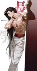  1boy absurdres black_hair feet_out_of_frame green_eyes hand_on_own_neck hand_on_wall highres jang_il_so_(return_of_the_mount_hua_sect) leaning_to_the_side long_hair looking_down male_focus nahna nipples pants parted_lips pectoral_cleavage pectorals return_of_the_mount_hua_sect scar scar_on_arm scar_on_chest scar_on_shoulder scar_on_stomach solo standing toned toned_male topless_male very_long_hair water_drop white_pants 