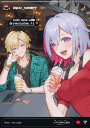  1boy :d alternate_costume aqua_shirt aventurine_(honkai:_star_rail) bare_shoulders black_shirt blonde_hair bra_strap ceciliarinchan colored_inner_hair cup disposable_cup drinking_straw english_commentary female grey_hair grin hair_ornament heart highres holding holding_cup honkai:_star_rail honkai_(series) looking_at_viewer multicolored_hair off-shoulder_shirt off_shoulder open_clothes open_shirt plaid_clothes plaid_shirt purple_eyes red_hair red_shirt ribbed_shirt shirt short_hair short_sleeves smile topaz_(honkai:_star_rail) upper_body 