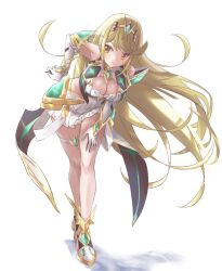  bare_shoulders blonde_hair breasts cleavage cleavage_cutout clothing_cutout commentary dress elbow_gloves facing_viewer female gloves hand_on_own_leg highres hip_armor hip_vent large_breasts leaning_forward long_hair mythra_(xenoblade) pleated_dress shadow short_dress sideways_glance solo standing swept_bangs tiara usakumapo_nano very_long_hair watermark white_background white_dress white_footwear white_gloves xenoblade_chronicles_(series) xenoblade_chronicles_2 yellow_eyes 