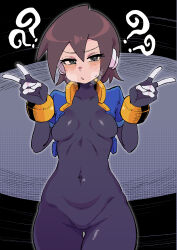  ? ?? absurdres aile_(mega_man_zx) black_eyes blush breasts breath buzzlyears commentary covered_navel cowboy_shot double_v female grey_background highres mega_man_(series) mega_man_zx no_pants ringed_eyes robot_ears short_hair small_breasts solo v 