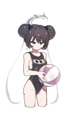  ball beachball black_hair black_one-piece_swimsuit blue_archive braid braided_bun breasts butterfly_hair_ornament commentary cropped_legs double_bun embarrassed female garib_(gari_gari_1) grey_eyes grey_halo hair_bun hair_ornament halo highres holding holding_ball kisaki_(blue_archive) long_hair name_tag one-piece_swimsuit school_swimsuit sideboob simple_background solo sweatdrop swimsuit twintails white_background 