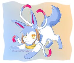  3_fingers 3_toes black_nose blue_body blue_fur blue_hair chest_tuft clothing collar crouching eeveelution feet female feral fingers fur generation_6_pokemon hair head_tuft hi_res hoodie nintendo paws pokemon pokemon_(species) renomeray sai_(sylveon) simple_background solo sylveon toes topwear tuft white_body white_fur yellow_eyes 