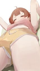  ahoge bare_legs blush breasts camisole closed_eyes commentary female from_below gakuen_idolmaster hair_bun hanami_ume highres hiroki_(yyqw7151) idolmaster panties panty_peek pink_camisole shorts simple_background single_side_bun solo underboob underwear white_background white_panties yellow_shorts 