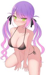  absurdres bikini black_ribbon blush breasts chocomaru cleavage female green_eyes highres hololive large_breasts long_hair looking_at_viewer panties purple_hair ribbon seiza sitting string_bikini string_panties swimsuit thighs tokoyami_towa twintails underwear white_background 