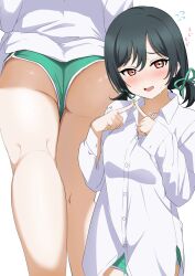  absurdres ass ass_focus bare_legs black_hair blush breasts collared_shirt dress_shirt female from_below green_shorts highres index_fingers_together love_live! love_live!_nijigasaki_high_school_idol_club medium_breasts medium_hair mifune_shioriko multiple_views oerba_yun_fang oversized_clothes oversized_shirt red_eyes shirt short_shorts shorts sweat thighs tokimeki_no_mirai_chizu twintails white_shirt zanpon 