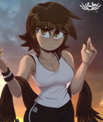  arm_up bare_shoulders breasts brown_eyes brown_hair brown_scarf capri_caramelo hand_up highres light_smile looking_up neck nose original pants scarf shi-gu signature sky tank_top wristband yoga_pants 