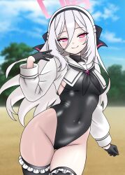  absurdres aged_up aikawa_nandesu black_gloves black_leotard black_neckerchief black_thighhighs blue_archive blue_sky cloud commentary_request cosplay covered_navel day female frilled_thighhighs frills gloves hair_between_eyes halo highleg highleg_leotard highres kei_(blue_archive) kei_(new_body)_(blue_archive) leotard long_hair_between_eyes looking_at_viewer neckerchief outdoors pink_halo rectangular_halo red_eyes sailor_collar shimiko_(blue_archive) shimiko_(blue_archive)_(cosplay) shimiko_(magical)_(blue_archive) shrug_(clothing) sky solo thighhighs white_sailor_collar white_shrug 