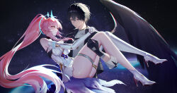  1boy absurdres adoptive_parent_and_adoptive_child aemeath_(wuthering_waves) bare_shoulders black_gloves black_hair black_jacket black_wings breasts carrying closed_mouth commentary_request elbow_gloves father_and_daughter female gloves highres jacket large_breasts long_hair looking_at_another male_rover_(wuthering_waves) ouyang_long_xin pink_hair ponytail princess_carry rover_(wuthering_waves) single_wing smile space thighs very_long_hair white_gloves wings wuthering_waves yellow_eyes 