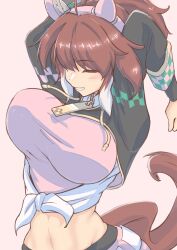  absurdres alternate_costume animal_ears arms_behind_head arms_up black_leggings breasts brown_hair commentary_request dantsu_flame_(center_spotlight)_(umamusume) dantsu_flame_(umamusume) ear_covers female flova11 hairband highres hood hood_down hooded_shrug horse_ears horse_girl large_breasts leggings leggings_under_shorts long_sleeves looking_at_viewer medium_hair midriff multicolored_hair navel pink_hairband pink_shirt pink_shorts ponytail shirt shorts shrug_(clothing) solo stomach streaked_hair tied_shirt umamusume upper_body white_hair white_shrug white_streaks 