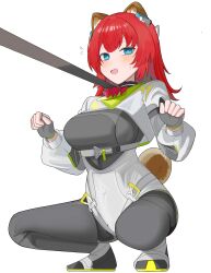  absurdres akekuri_(arknights) animal_ears arknights arknights:_endfield ascot black_bodysuit blue_eyes blush bodysuit breasts bright_pupils commentary diamond-shaped_pupils diamond_(shape) female full_body hands_up highres large_breasts leash leotard leotard_over_bodysuit long_hair long_sleeves looking_at_viewer open_mouth red_ascot red_hair shrug_(clothing) simple_background solo spam_(spamham4506) spread_legs squatting sweatdrop symbol-shaped_pupils tail viewer_holding_leash white_background white_leotard white_pupils white_shrug 