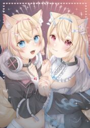  2girls absurdres animal_ear_fluff animal_ears belt black_collar black_jacket blonde_hair blue_belt blue_eyes blue_hair blush breasts cleavage cleavage_cutout closed_mouth clothing_cutout collar cropped_jacket cropped_shirt dog_ears dog_girl dog_tail dress fangs fur-trimmed_jacket fur_trim fuwawa_abyssgard fuwawa_abyssgard_(1st_costume) hair_ornament hairpin headphones headphones_around_neck heart highres holding_hands hololive hololive_english jacket kokonoeshiichi large_breasts looking_at_viewer midriff mococo_abyssgard mococo_abyssgard_(1st_costume) multicolored_hair multiple_girls navel open_mouth pink_belt pink_eyes pink_hair shirt short_shorts shorts siblings sisters smile spiked_collar spikes streaked_hair tail twins virtual_youtuber white_dress white_shirt white_shorts x_hair_ornament 