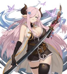  absurdres asymmetrical_gloves bare_shoulders black_gloves blue_eyes bottomless braid breasts cleavage demon_horns draph elbow_gloves female fluf.p gloves granblue_fantasy hair_ornament hair_over_one_eye highres horns katana large_breasts light_purple_hair long_hair low_tied_hair narmaya_(granblue_fantasy) pointy_ears purple_hair single_braid single_thighhigh sleeveless solo sword thigh_strap thighhighs uneven_gloves weapon 