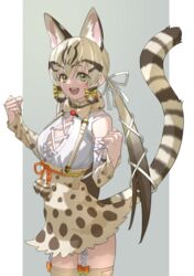  :d absurdres animal_ear_fluff animal_ears blonde_hair bow bowtie breasts brown_hair cat_ears cat_girl cat_tail clenched_hands commentary cowboy_shot detached_sleeves extra_ears female geoffroy&#039;s_cat_(kemono_friends) green_eyes grey_background hair_ribbon highres kemono_friends kemono_friends_v_project long_hair long_sleeves looking_at_viewer low_twintails multicolored_hair open_mouth print_bow print_bowtie print_skirt print_sleeves ribbon shirt simple_background skirt small_breasts smile solo striped_tail suspender_skirt suspenders tail tanabe_(fueisei) thighhighs twintails virtual_youtuber white_ribbon white_shirt 