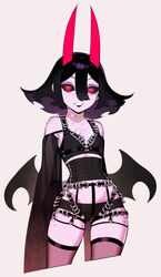  bare_shoulders black_bra black_hair black_lips black_panties black_sclera body_freckles bra choker colored_inner_hair colored_sclera commentary commission cowboy_shot cropped_legs demon_girl detached_sleeves english_commentary female flat_chest freckles grey_background halphelt highres horns lipstick long_sleeves looking_at_viewer low_wings makeup medium_hair multicolored_hair nes_(halphelt) original panties red_eyes simple_background sleeves_past_fingers sleeves_past_wrists smile solo standing underbust underwear very_long_sleeves wings yellow_choker 