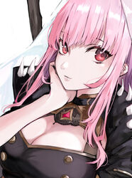  absurdres breasts cape cleavage close-up commentary_request eyebrows_hidden_by_hair female hair_behind_ear hand_on_own_chin highres hololive hololive_english large_breasts long_hair looking_up mori_calliope mori_calliope_(1st_costume) naguraya_naikai pink_hair red_eyes scythe smile spikes tiara veil virtual_youtuber weapon 