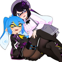  2girls :d black_hair black_skirt blue_hair blunt_bangs blush choker commentary commission english_commentary fangs flats gradient_hair hair_ornament hair_ribbon halphelt highres inkling inkling_girl inkling_player_character jacket long_hair medium_skirt miniskirt multicolored_hair multiple_girls neck_ribbon open_mouth original pantyhose pointy_ears ribbon sailor_collar skirt smile splatoon_(series) tentacle_hair 