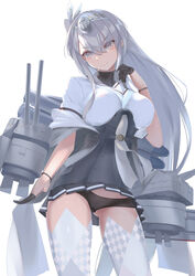  absurdres black_gloves black_panties clothes_writing cowboy_shot fei_(feikotake) female from_below fuyutsuki_(kancolle) gloves grey_eyes grey_hair grey_neckerchief grey_shawl grey_skirt grey_thighhighs half_gloves hat headband highres kantai_collection long_hair machinery microskirt mini_hat neckerchief one_side_up panties sailor_collar school_uniform serafuku shawl simple_background skirt solo thighhighs underwear white_background white_headband white_neckerchief white_sailor_collar 