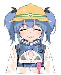  :&gt; atte_nanakusa bikini bikini_under_clothes black_bikini blue_hair closed_eyes facing_viewer female medium_hair micro_bikini mirai_akari&#039;s_new_virtual_youtuber_illustration_contest original raincoat remote_control_vibrator scout_(atte_nanakusa) sex_toy simple_background smile solo swimsuit twintails upper_body vibrator white_background 