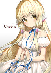  blonde_hair blush breasts brown_eyes chii chobits choker copyright_name dress english_text female hair_tubes long_hair looking_at_viewer medium_breasts off-shoulder_dress off_shoulder own_hands_together ribbon shitou_(1992116210) simple_background solo very_long_hair white_dress wrist_cuffs wrist_ribbon 