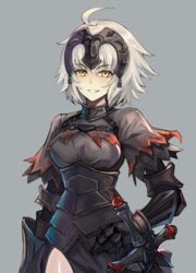  ahoge arm_at_side armor armored_dress blush breasts chains commentary_request cowboy_shot fate/grand_order fate_(series) female fur_trim gauntlets grey_background headpiece highres jeanne_d&#039;arc_alter_(avenger)_(fate) jeanne_d&#039;arc_alter_(fate) large_breasts looking_at_viewer medium_breasts short_hair simple_background smile solo sword teeth weapon white_hair yellow_eyes yu_kitsune 