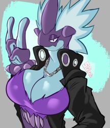  anthro big_breasts breasts chain_necklace cleavage clothed clothing devil_horns_(gesture) female generation_8_pokemon gesture hand_gesture hi_res huge_breasts jacket jewelry leather leather_clothing leather_jacket leather_topwear looking_at_viewer low_key_toxtricity necklace nintendo pokemon pokemon_(species) solo solratic topwear toxtricity 