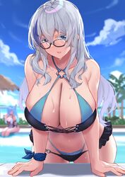  2girls absurdres bare_shoulders bikini blue_bikini blue_eyes blurry blurry_background blush breasts commentary_request glasses grey_hair heterochromia highres kimi_tsuru large_breasts long_hair looking_at_viewer multiple_girls original outdoors pool sitting sky solo_focus swimsuit 