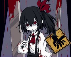  ascot black_hair black_skirt blood blood_drip blood_splatter bow closed_mouth collared_shirt colored_skin commentary_request cookie_(touhou) expressionless female flat_chest hairbow highres long_hair looking_at_viewer pixel_art red_ascot red_bow red_eyes road_sign shaded_face shirt side_ponytail sign siyudi_(cookie) skirt solo sparseseethe suspender_skirt suspenders upper_body warning_sign white_shirt white_skin 