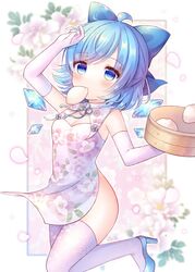  bamboo_steamer baozi blue_bow blue_eyes blue_footwear blue_hair blush bow china_dress chinese_clothes cirno coa_(chroo_x) detached_wings dress elbow_gloves fairy female flower food gloves hair_between_eyes hairbow high_heels ice ice_wings mouth_hold petals pink_flower short_hair solo thighhighs touhou white_dress white_gloves white_thighhighs wings 