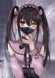  asle bags_under_eyes black_bow black_choker black_hair black_mask black_nails black_skirt blush bow breasts center_frills choker clock_eyes collarbone commentary date_a_live detached_sleeves ear_piercing female fingernails frilled_hairband frilled_shirt frills hair_between_eyes hair_ornament hair_ribbon hairband hand_on_own_chin hand_on_own_face hand_up heterochromia highres jewelry jirai_kei long_hair long_sleeves looking_at_viewer mask medium_breasts mouth_mask nail_polish neck_ribbon piercing pink_ribbon pink_shirt red_eyes ribbon ring shirt sidelocks skirt smile solo standing symbol-only_commentary symbol-shaped_pupils tokisaki_kurumi twintails uneven_twintails upper_body yellow_eyes 