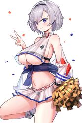  absurdres azur_lane blue_eyes breasts cheerleader commentary_request cowboy_shot crop_top eagle_union_(emblem) female from_side gu_luco highres holding holding_pom_poms large_breasts looking_at_viewer midriff navel official_alternate_costume parted_hair pom_pom_(cheerleading) purple_sash reno_(azur_lane) reno_(biggest_little_cheerleader)_(azur_lane) sash see-through see-through_skirt short_hair skirt smile solo standing standing_on_one_leg two-tone_skirt underboob v white_background 