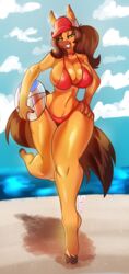  anthro ball baseball_cap beach beach_ball big_breasts bikini breasts clothing equid equine female hand_on_hip hat headgear headwear hi_res hooves horse inflatable mammal middy_(midrushnic) sea seaside solo solratic swimwear water wide_hips 