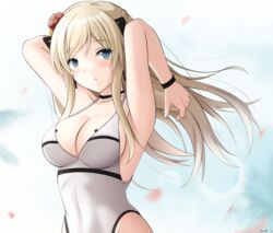  armpits blonde_hair blue_eyes blush bow bracelet breasts choker cleavage collarbone commentary earrings female floral_background flower girls&#039;_frontline hair_flower hair_ornament hairbow highres jewelry k5_(girls&#039;_frontline) keenh large_breasts long_hair looking_at_viewer one-piece_swimsuit simple_background solo swimsuit white_one-piece_swimsuit 