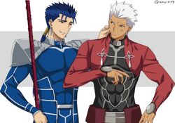  2boys akujiki59 anger_vein annoyed archer_(fate) artist_name blue_bodysuit blue_hair bodysuit cheek_pinching commentary covered_abs cu_chulainn_(fate) cu_chulainn_(fate/stay_night) dark-skinned_male dark_skin earrings fate/stay_night fate_(series) gae_bolg_(fate) grey_background grey_hair grin hand_on_own_hip hand_up jewelry long_hair long_sleeves male_focus multiple_boys pinching polearm ponytail red_eyes short_hair shoulder_plates smile spear two-tone_background upper_body weapon white_background white_hair 