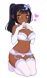  blue_bow blue_choker blush bow bow_bra bra breasts bright_pupils brown_eyes choker cleavage closed_mouth commentary commission dark-skinned_female dark_skin elbow_gloves english_commentary female freckles frilled_bra frills full_body garter_belt gloves hairbow halphelt hands_up highres kneeling large_breasts looking_at_viewer navel original own_hands_together panties pink_panties ponytail print_panties purple_hair simple_background smile solo steepled_fingers thighhighs underwear underwear_only very_dark_skin white_background white_bra white_gloves white_pupils 