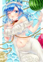  alto2019 bad_id bad_pixiv_id bikini blue_bikini blue_eyes blue_hair blush breasts chains earth_(ornament) female food fruit hecatia_lapislazuli hecatia_lapislazuli_(earth) hecatia_lapislazuli_(tropical_goddess) highres large_breasts moon_(ornament) navel one_eye_closed open_mouth sample_watermark short_hair smile solo swimsuit touhou touhou_lostword watermark watermelon 