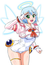  :d ass asu_(hengaya) blue_hair blush breasts brooch covered_navel cowboy_shot djibril_(makai_tenshi_djibril) elbow_gloves female fingerless_gloves gloves green_eyes halo highres jacket jewelry leaning_forward legs_together light_blue_hair looking_at_viewer magical_girl makai_tenshi_djibril manabe_rika medium_breasts open_mouth pink_gloves pink_jacket puffy_sleeves shiny_skin short_hair shrug_(clothing) simple_background smile solo standing thighlet white_background wings 