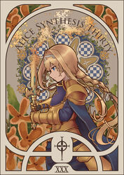  absurdres alice_zuberg arm_guards armor armored_dress art_nouveau black_gloves blonde_hair blue_cape blue_eyes border braid braided_ponytail cape character_name commentary_request cross expressionless faulds female floral_background flower from_side gauntlets gloves gold_armor gold_osmanthus hairband hands_up highres hip_armor holding holding_sword holding_weapon long_hair long_sleeves looking_to_the_side orange_flower osmanthus osmanthus_blade pauldrons profile ribbon roman_numeral saki_no_hara shoulder_armor single_braid solo sword sword_art_online sword_art_online:_alicization upper_body very_long_hair weapon white_ribbon yellow_flower 