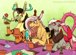  anarchy_(inuhoshi) antlers blue_eyes brother_(lore) brother_and_sister_(lore) chimera draconequus fan_character fangs feet female feral flower group hair hasbro hi_res horn inuhoshi-to-darkpen male mayhem_(inuhoshi) my_little_pony paws pink_hair plant plant_pot serenity_(inuhoshi) sibling_(lore) sister_(lore) sisters_(lore) talons teeth terracotta_pot toes 